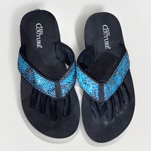 Pedi Couture Blue Snakeskin  Print Toe Separator Flip Flops Sandals W Sz S 9.75”